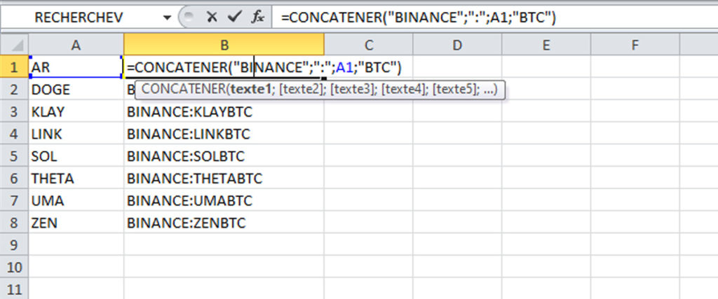 Formule Excel pour concatener la liste de tickers crypto en résultats compatibles Trading View