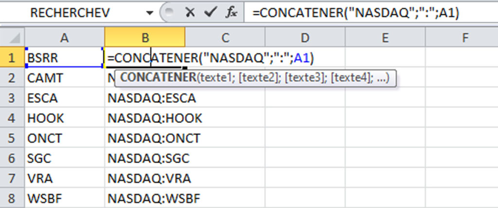Excel, formule concatener pour créer la liste finale des stocks Nasdaq